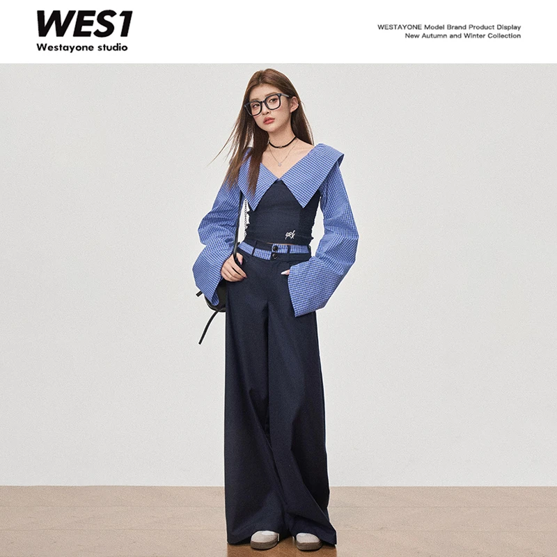 【专属】WESTAYONE一字肩条纹拼接显瘦修身上衣学院休闲裤