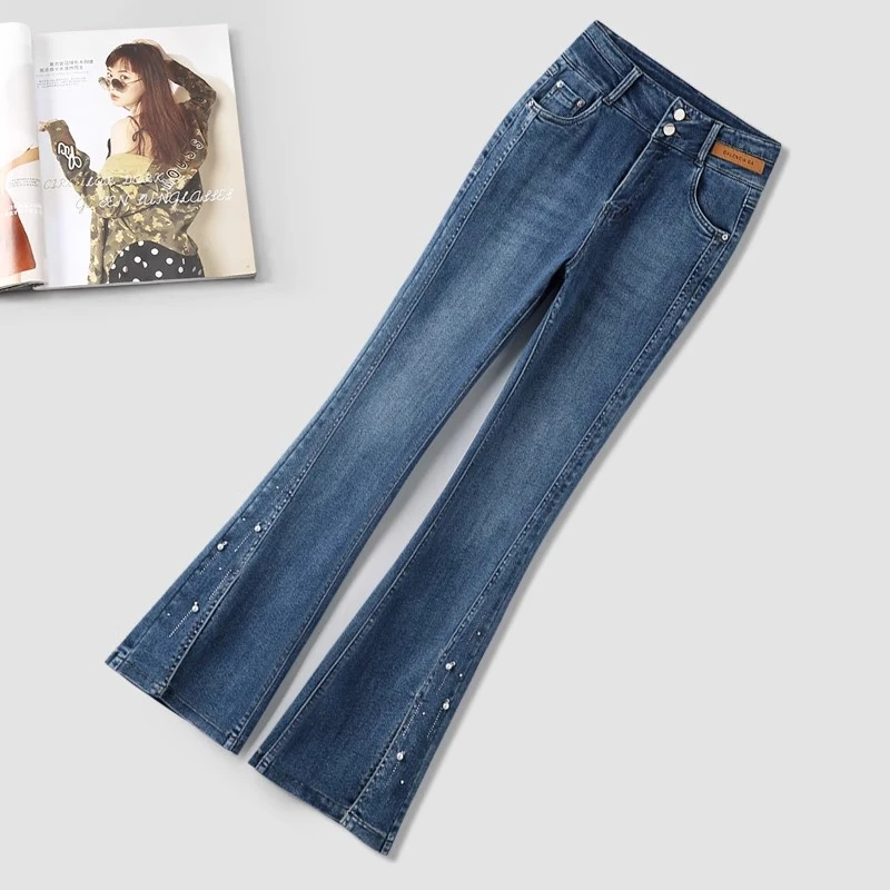 拉夏贝尔开叉微喇牛仔裤女春秋2025新款设计感高腰修身显瘦喇叭裤