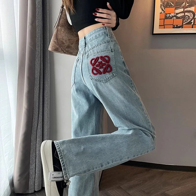 浅蓝红色中国结阔腿牛仔裤女高腰宽松窄版直筒顺垂感拖地长裤喜庆