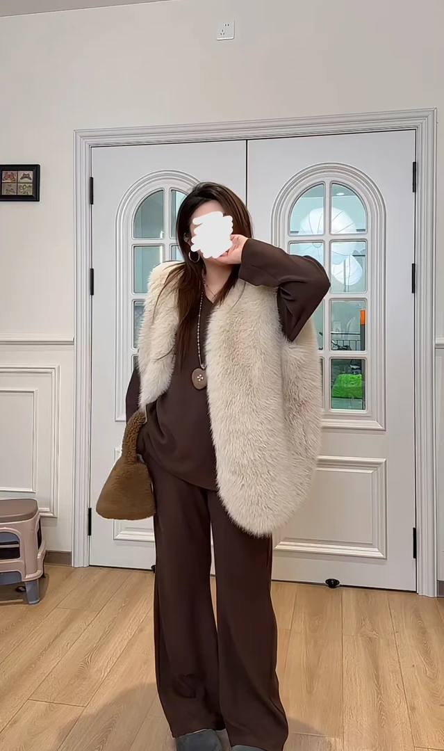 新人 韩系慵懒风环保皮草66022v领套装66012