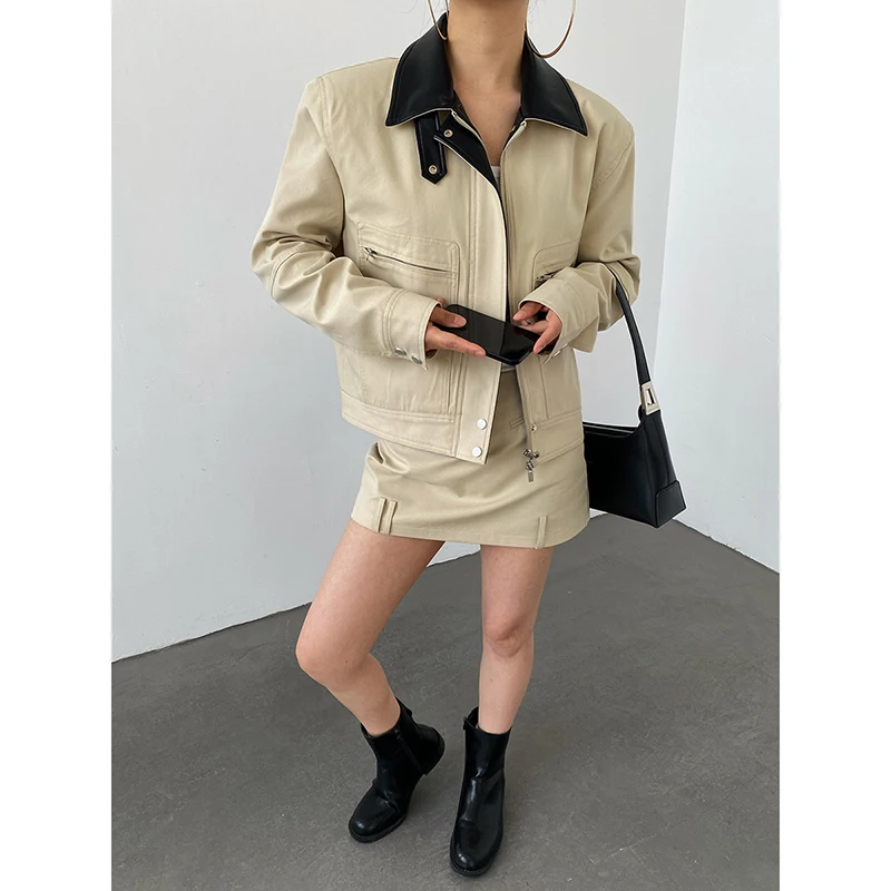 AcupStudio江右上拼皮领巴恩风工装外套半裙套装