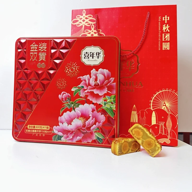 喜年华金装双黄月饼600g双蛋黄白莲蓉4个装广式中秋福利月饼