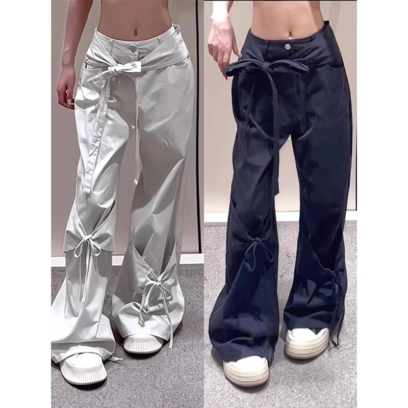 美式夏季新款设计感工装裤女酷飒蝴蝶结系带直筒裤垂感显瘦长裤子