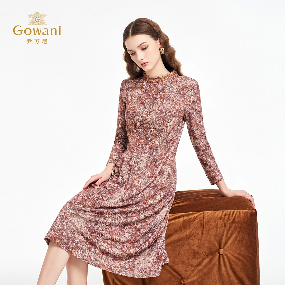 Gowani/乔万尼2025新款流光风琥珀系秋装印花连衣裙中长款ED3E237