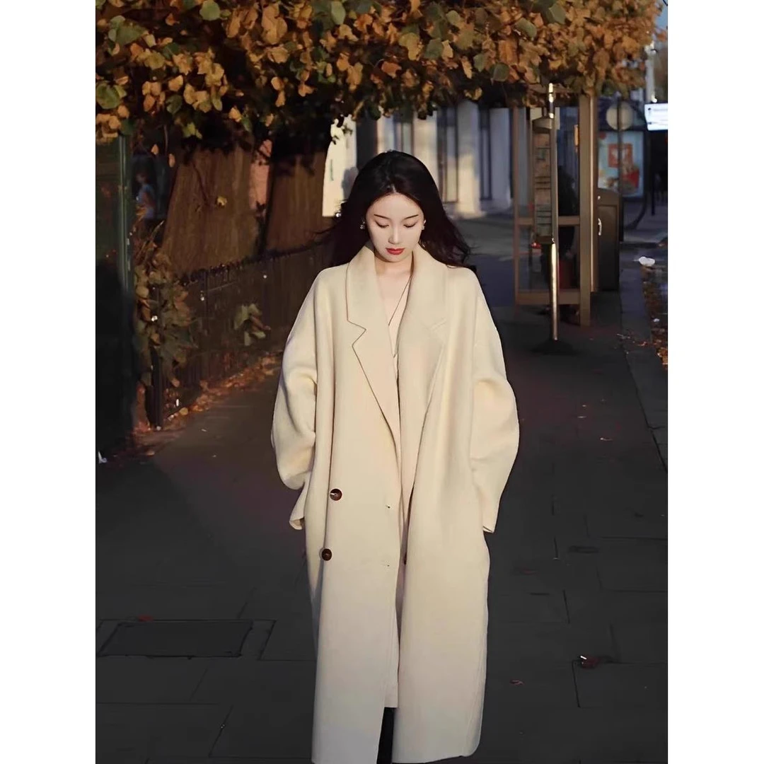 2023秋冬双面羊绒女式新韩式中长款过膝加厚羊毛外套