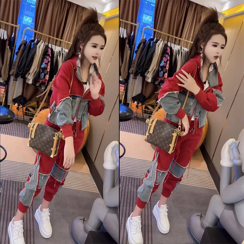 新款春秋季韩版女百搭时尚拼接牛仔套装外套+卫裤两件套爆款