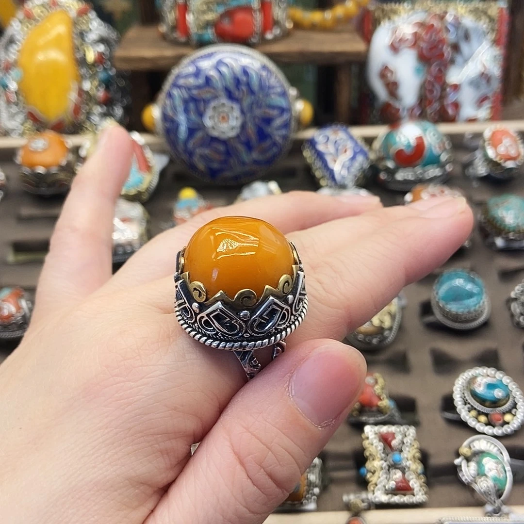 蜜蜡银S925镶嵌戒指