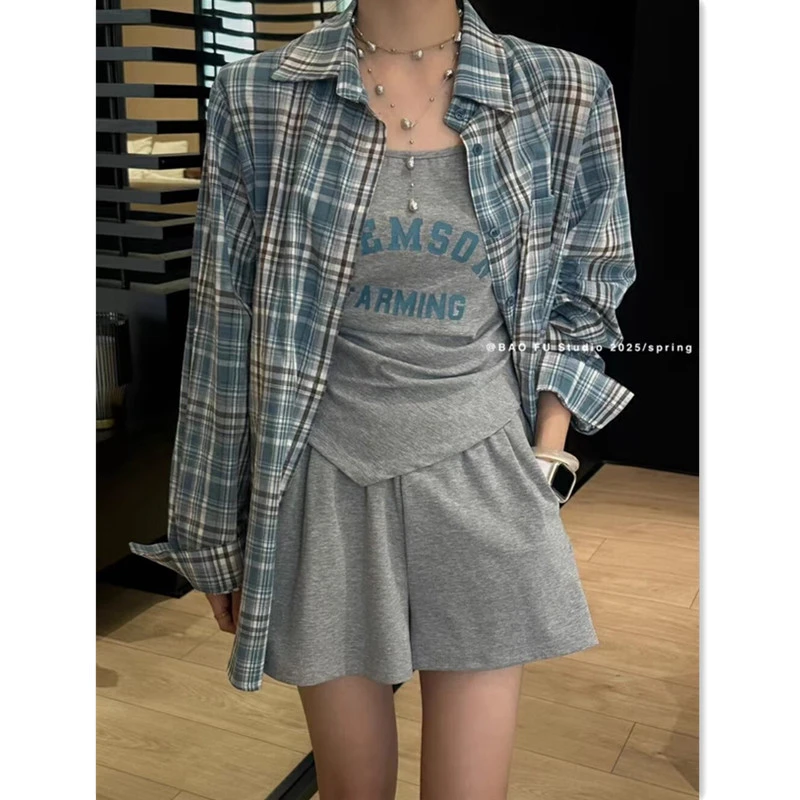十三行2025夏季新款韩版格纹宽松衬衫+字母印花背心+短裤三件套女