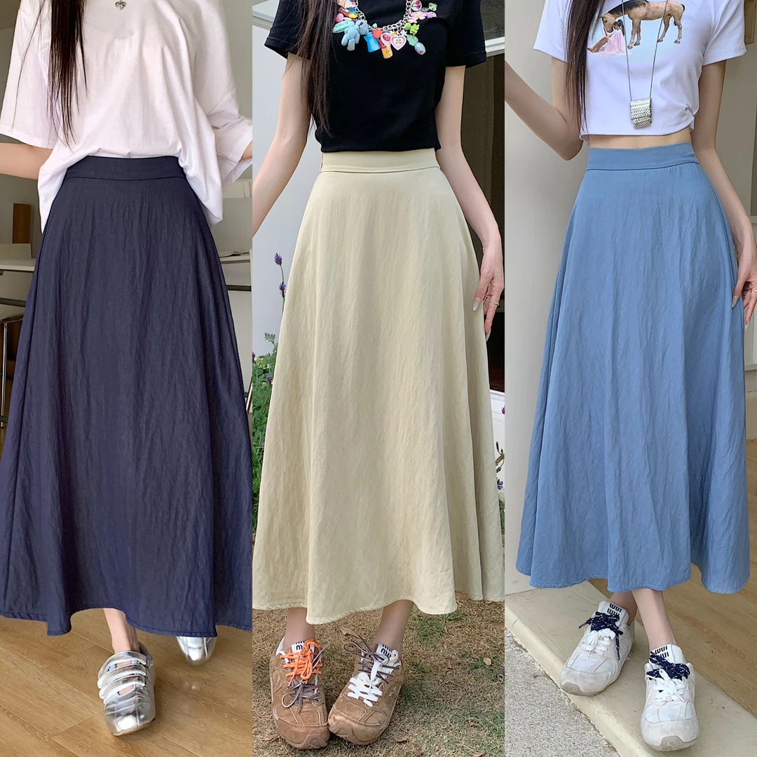 8042-夏新款微胖显瘦高腰半身裙中长裙纯色大摆