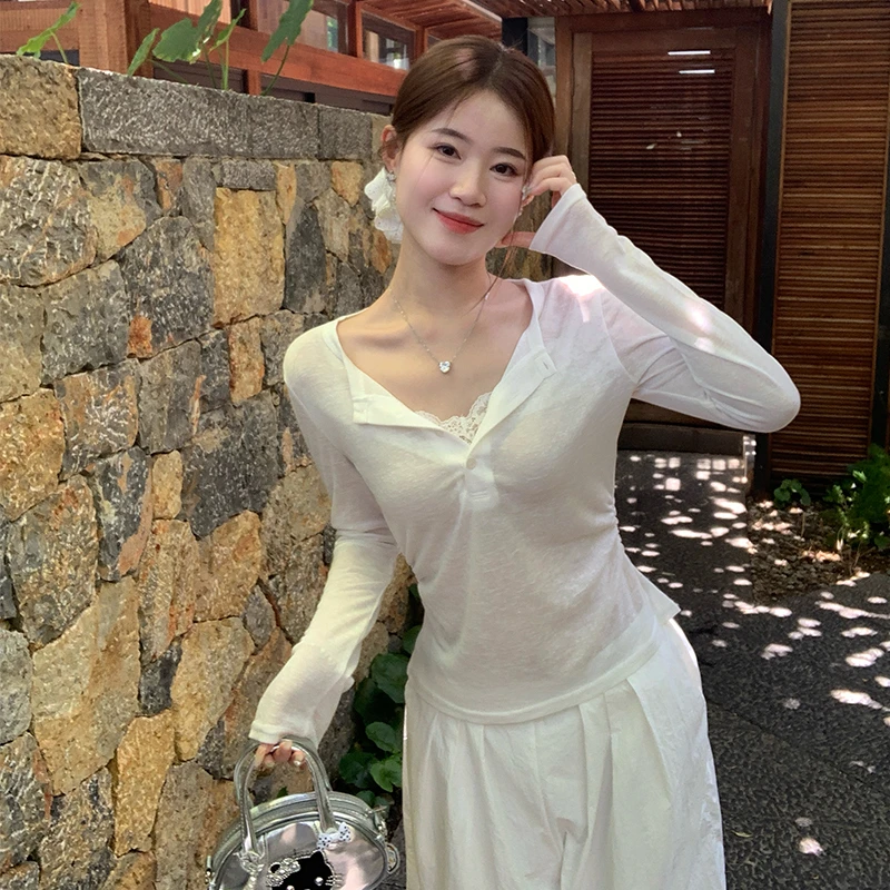 纯欲蕾丝假两件防晒罩衫夏季薄款2025年新款设计感V领长袖t恤上衣