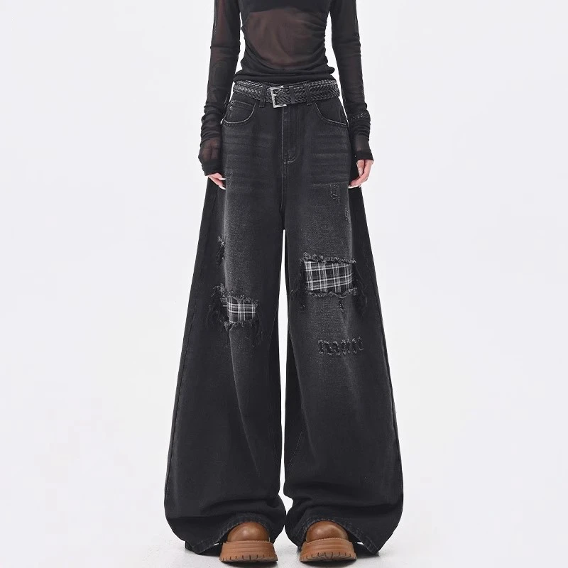 格纹拼接阔腿牛仔裤女2025秋季新款美式复古直筒宽松辣妹显瘦拖地