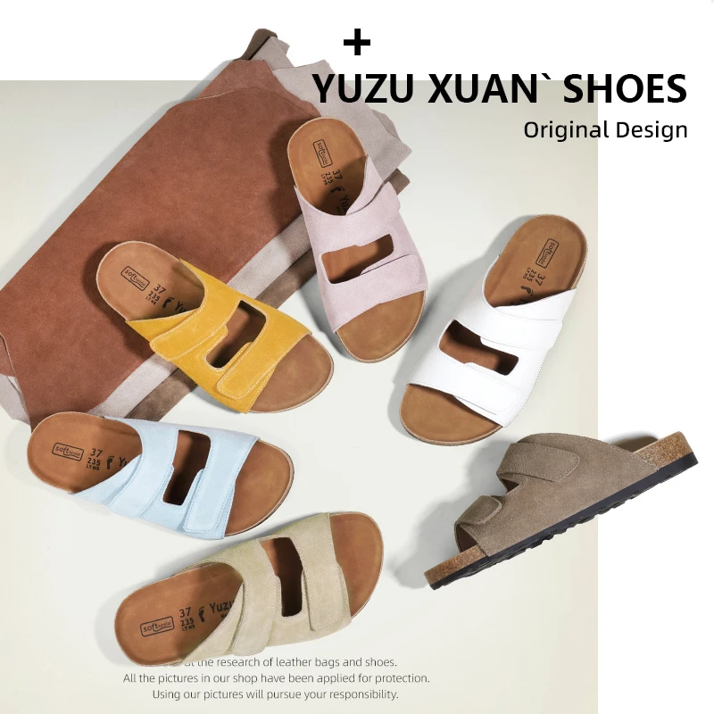 【阿雨专属】真皮复古绒面魔术贴露趾外穿百搭凉鞋一字拖鞋女软木底