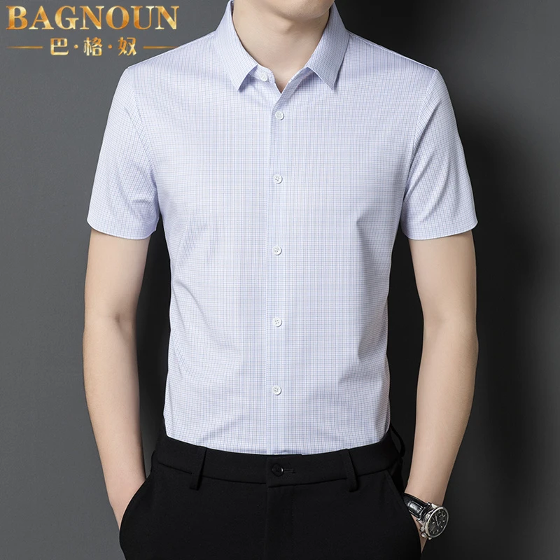 巴格奴短袖衬衫男士夏季新款时尚高端桑蚕丝薄款免烫格子真丝衬衣