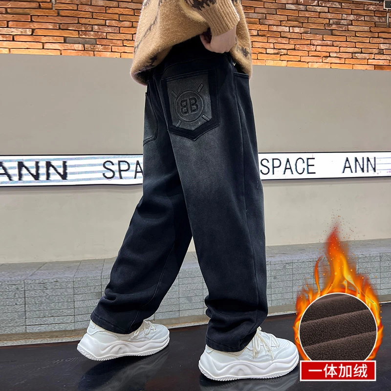 儿童装男童加绒裤子冬装2025新款秋冬款加厚冬季牛仔男孩中大童潮