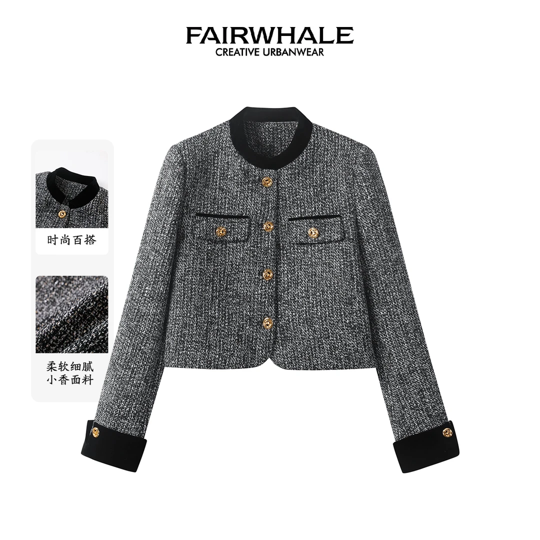 马克华菲女装时尚小香风新款拼接撞色气质丝绒轻奢柔软百搭外套