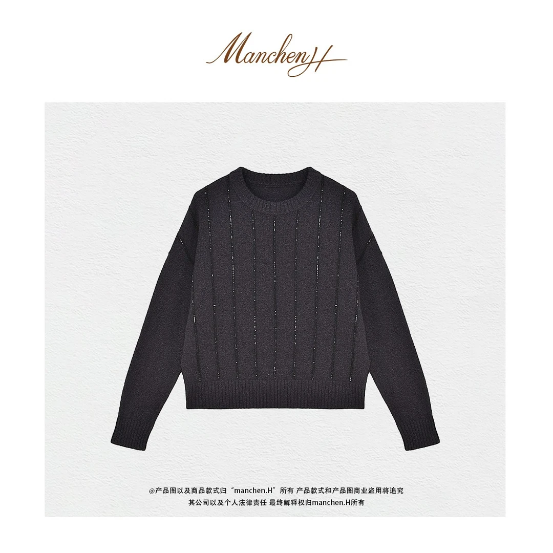 曼辰manchenh"夜幕流星"重磅100羊绒花纱手工珠片针织上衣