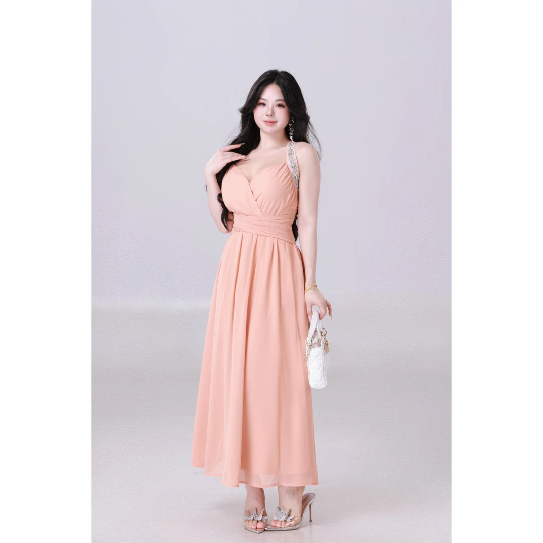 11.3清清萌面侠【水嫩蜜桃】气质挂脖长款雪纺连衣裙套&装5259M