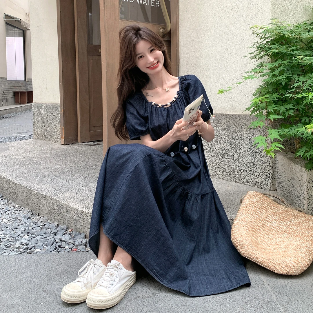 DUCURNO复古收腰泡泡袖连衣裙女夏季2025新款法式气质显瘦长裙子