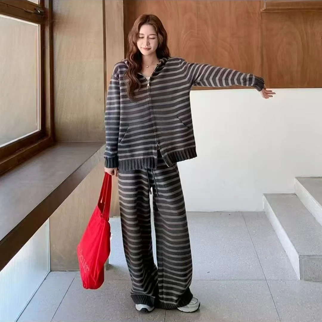 设计感条纹连帽针织开衫阔腿裤时尚套装女秋冬新款韩系穿搭