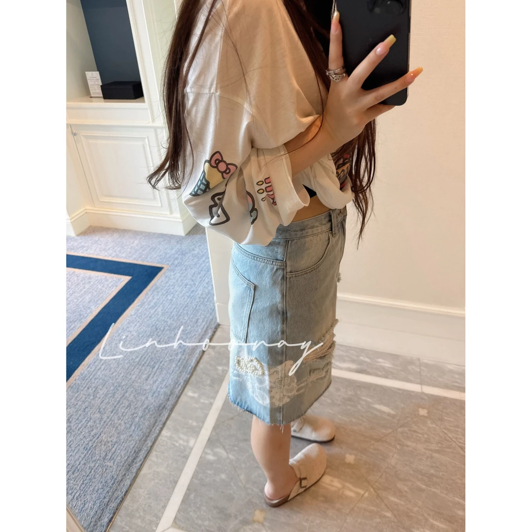 【sKycaptian】原创25夏kitty绣宽松蓝色高腰7分裤破洞牛仔SK029137