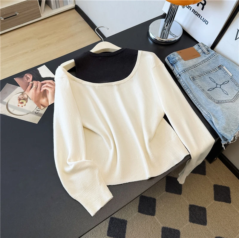 别致简约通勤假两件针织衫套头2025秋季休闲设计感露肩长袖上衣潮