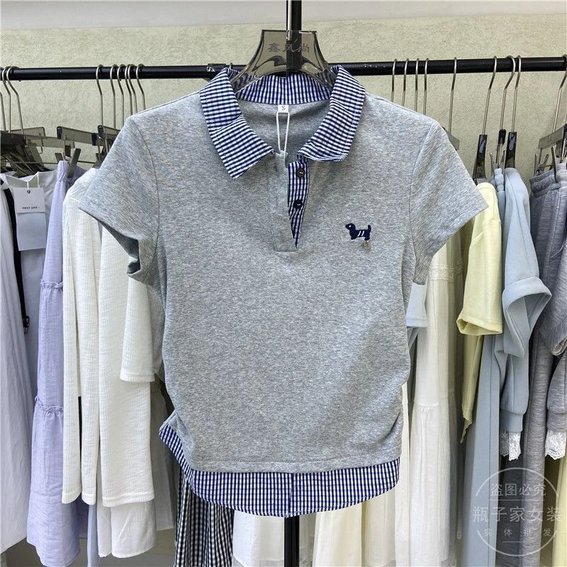 Polo领假两件格子拼接短袖T恤女夏季新款修身独特漂亮设计感上衣
