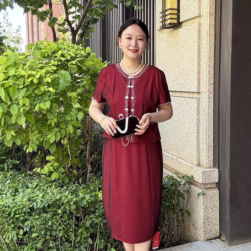 2025年夏天喜婆婆喜妈妈装大码宽松婚礼假两件婚宴礼服婚庆连衣裙