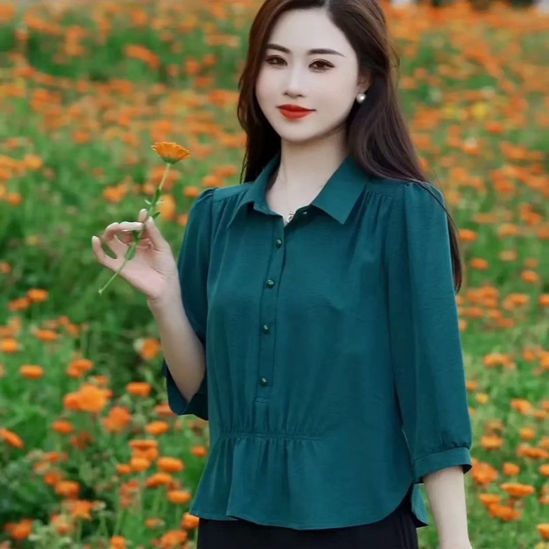 夏季新款2025时尚中袖宽松气质减龄显瘦设计感洋气套头衬衫上衣女