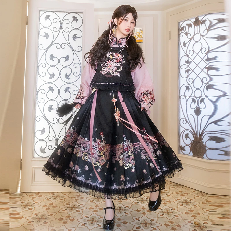 云藏月绣 粉墨 原创改良8分马面裙圆领比甲暗黑国风汉服女套装夏