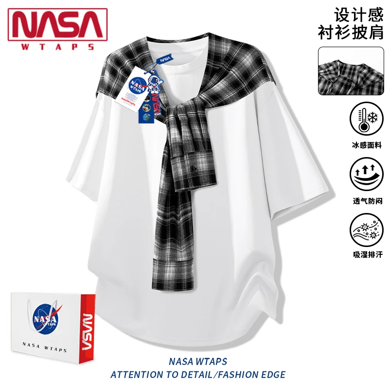 NASA WTAPS美式复古两件披肩格子短袖男款设计感小领口t恤半截袖