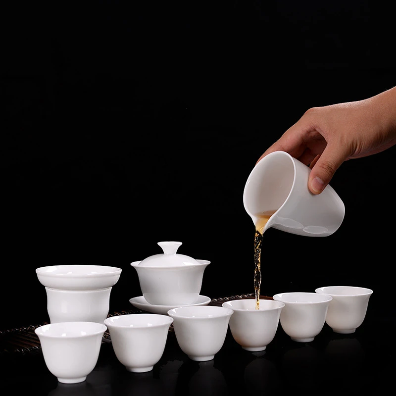 高档简约斗茶盖碗高白瓷茶具陶瓷手工纯白三才礼盒套装轻奢家用