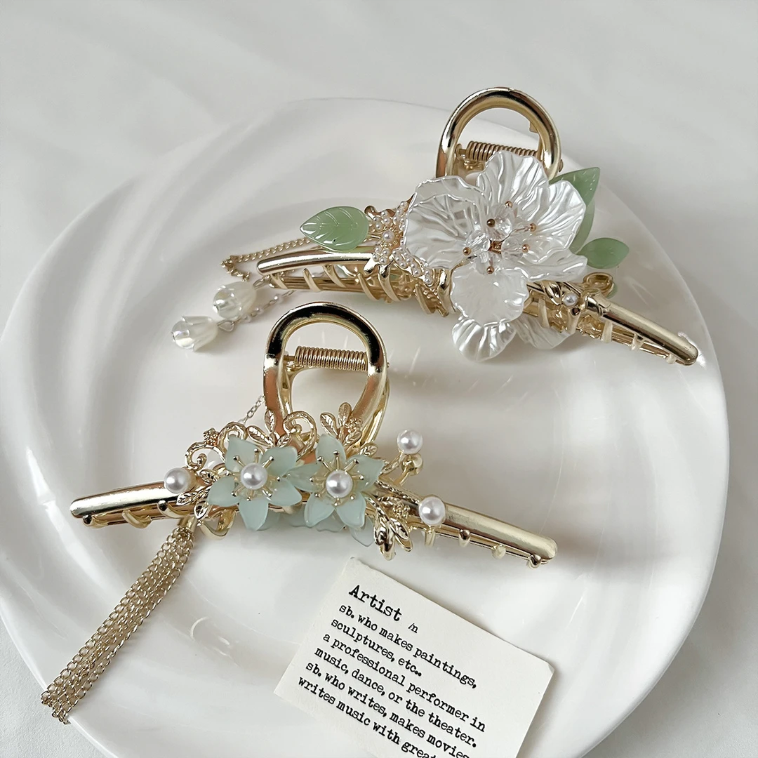 CYCANYI新中式古风高级感后脑勺盘发发夹女金属大号山茶花流苏抓