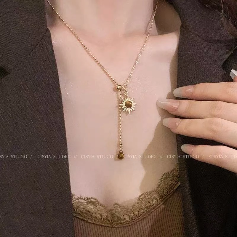 虎眼石太阳项链秋天美拉德复古高级感毛衣链轻奢A419