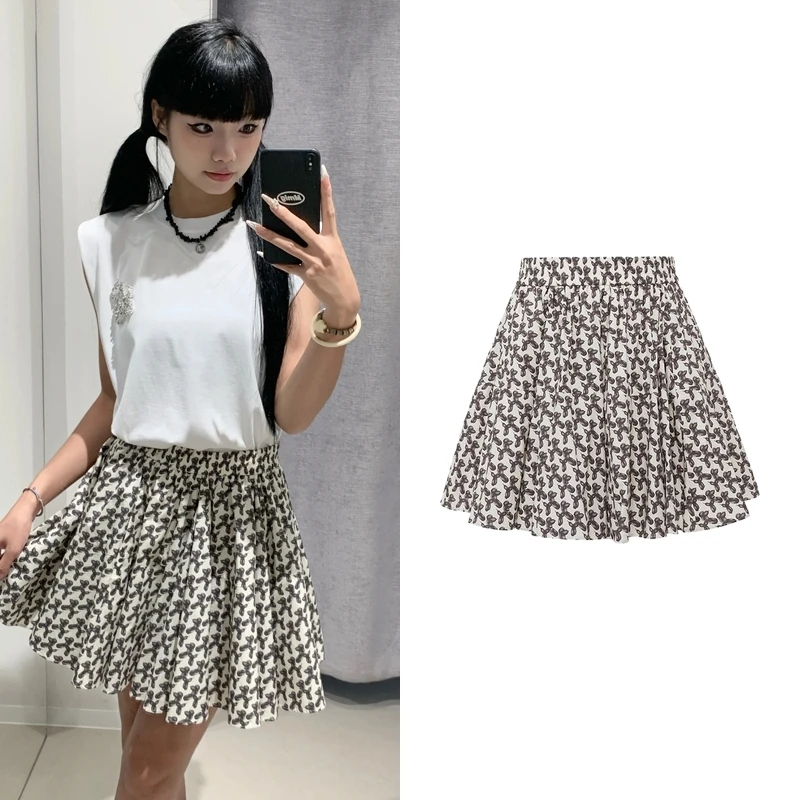 达芙笛【半身裙】周冬雨明星同款美式复古小狗印花宽松A字蓬W6072