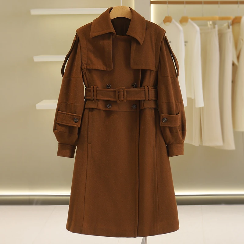 【伍莎-自营】双排扣修身中长款毛呢外套#YZH48W012