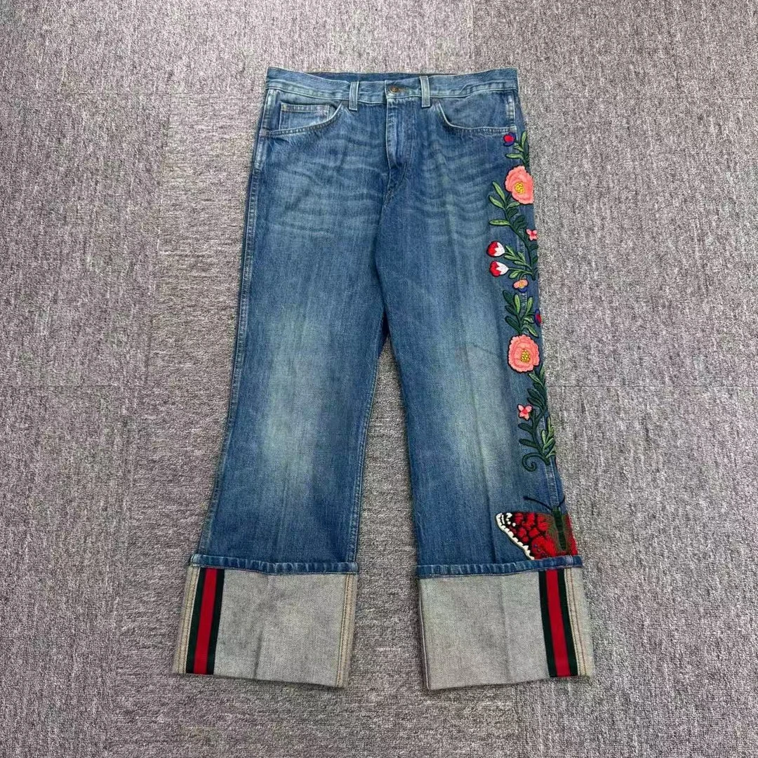 99新 GUCCI/古驰 花卉刺绣渔夫裤/32码/编码15858