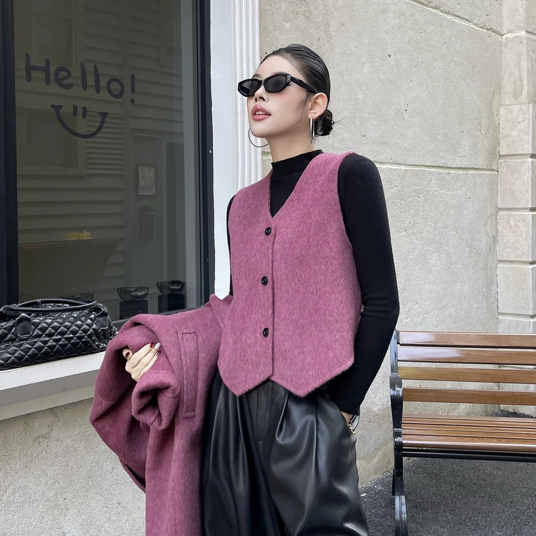 高级感赫本风双面羊毛大衣马甲两件套女韩系宽松中长款外套秋冬