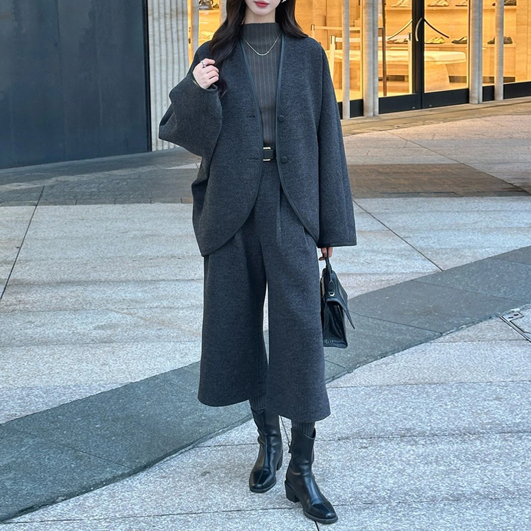 2025冬季新款洋气夹棉外套阔腿裤两件套时尚高级感气质套装潮流