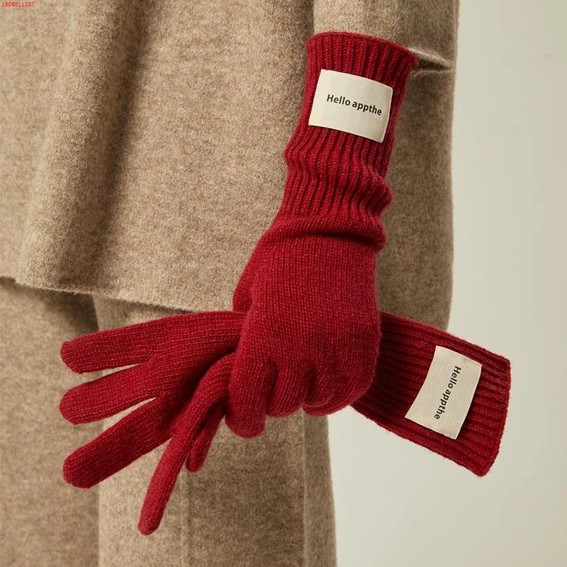 韩系羊毛针织毛线红色手套女冬季加厚百搭骑车防寒保暖分指可触屏