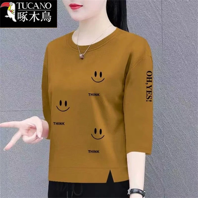 啄木鸟新款纯色开叉七分袖圆领T恤女2025年夏季印花修身显瘦上衣