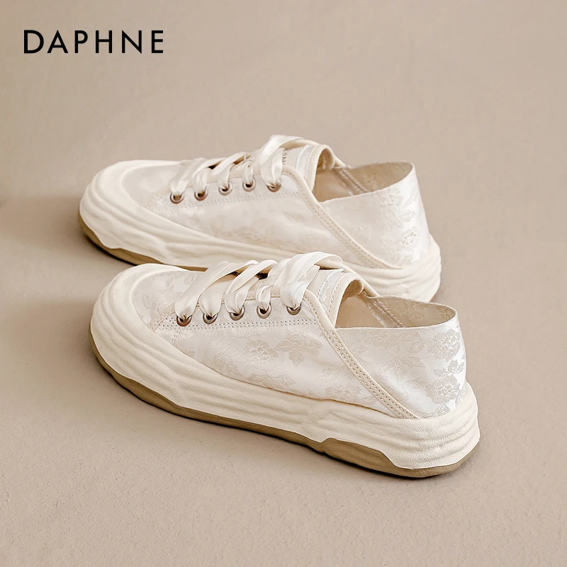 达芙妮帆布鞋女2025秋冬爆款厚底薄款透气中国风半拖两穿小白鞋爆