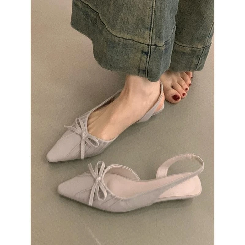 2025夏季新款法式晚晚风温柔褶皱尖头包头凉鞋女春夏外穿后空平底