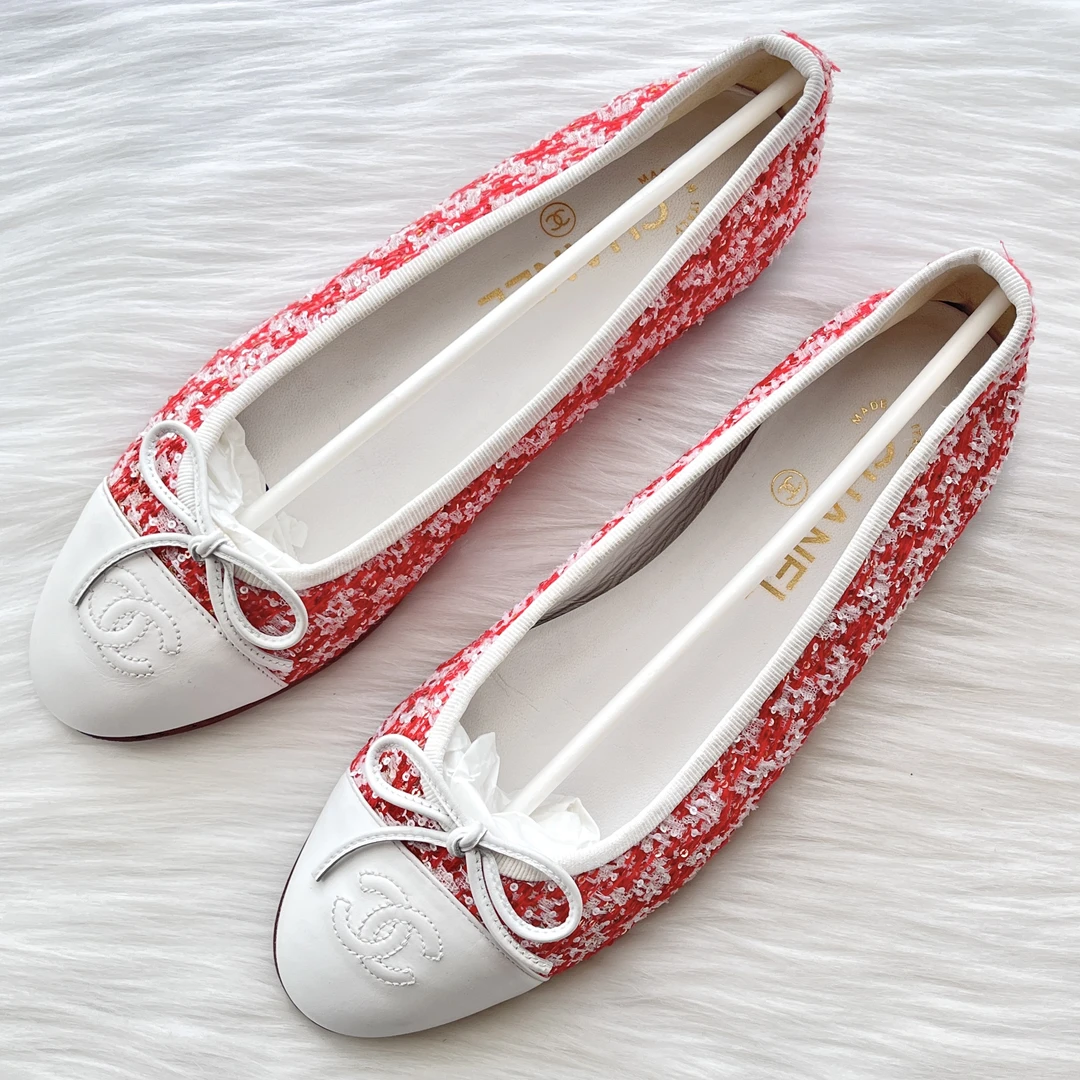 99新 Chanel/香奈儿 东青红色粗花呢小羊皮单鞋 37码 8.9k c0455