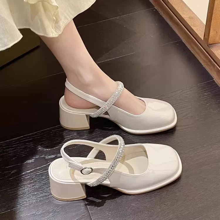 包头凉鞋女夏季2025年新款仙女风玛丽后空粗跟一字带单鞋W36016