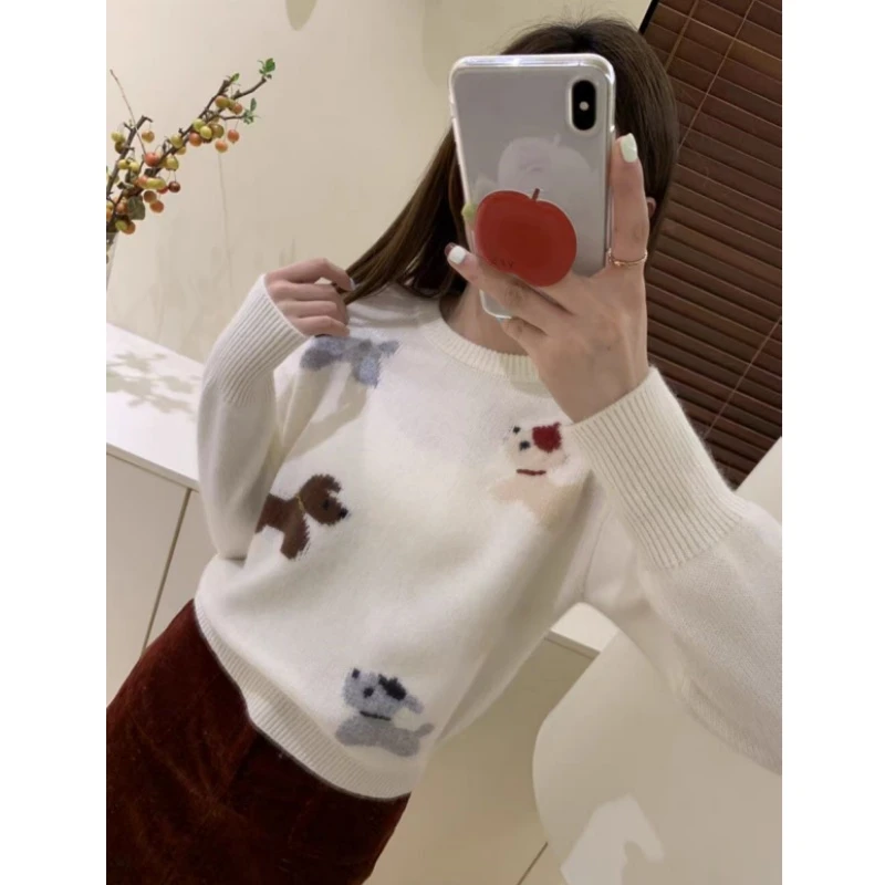 纯色百搭气质小狗卡通提花圆领针织衫毛衣女