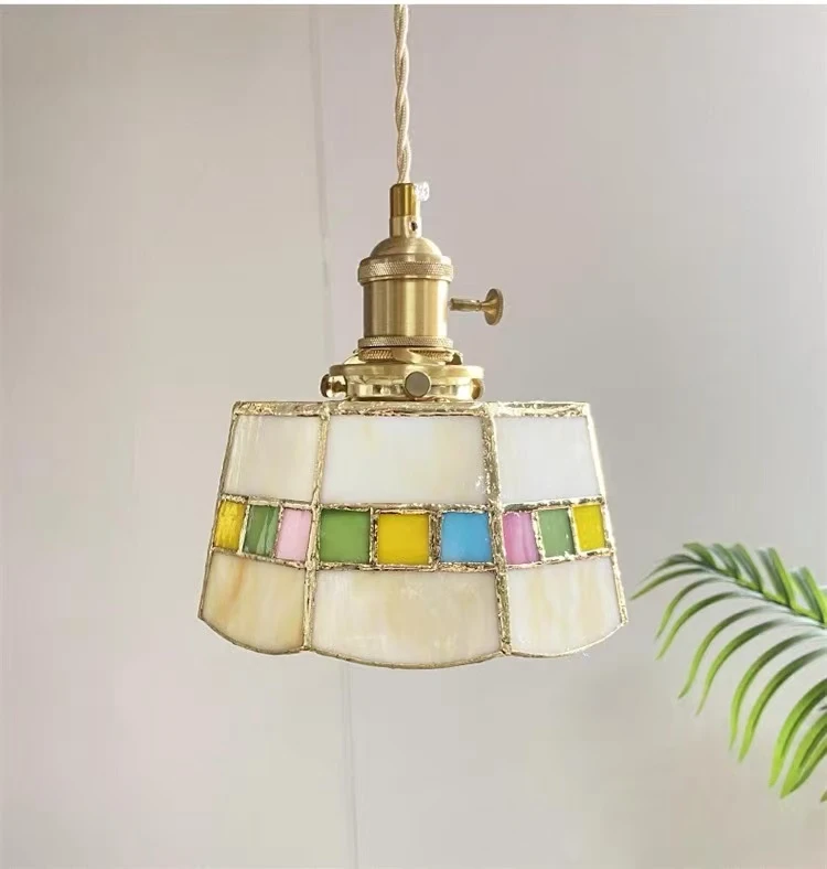 美式复古黄铜纯手工焊锡灯田园风格床头餐厅咖啡厅彩色玻璃小吊灯