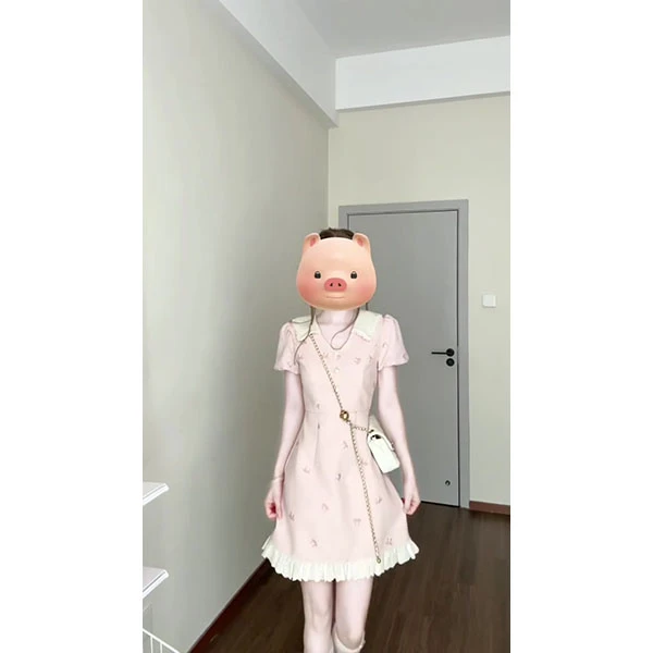 （现货）小香风粉色v领短袖连衣裙女夏季蕾丝花边法式小个子甜美裙