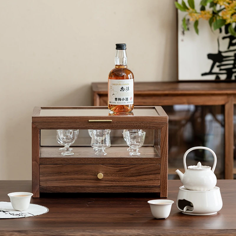 胡桃木茶道茶杯防尘柜茶具玻璃展示柜桌面实木收纳柜置物茶空间