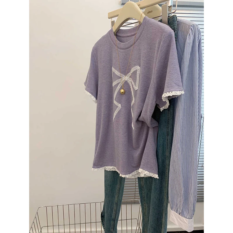 紫色气质蕾丝花边圆领短袖t恤女小个子宽松显瘦百搭正肩直筒上衣