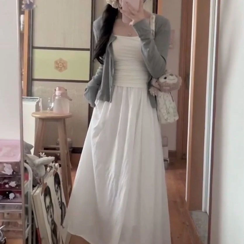 甜美温柔风长袖薄款开衫吊带背心三件套装女春夏高腰半身裙长裙子